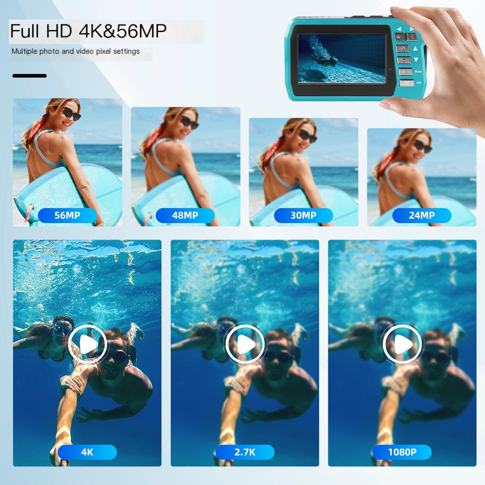 4K Underwater Digital Camera — 56MP, Dual LCD Screens, Waterproof