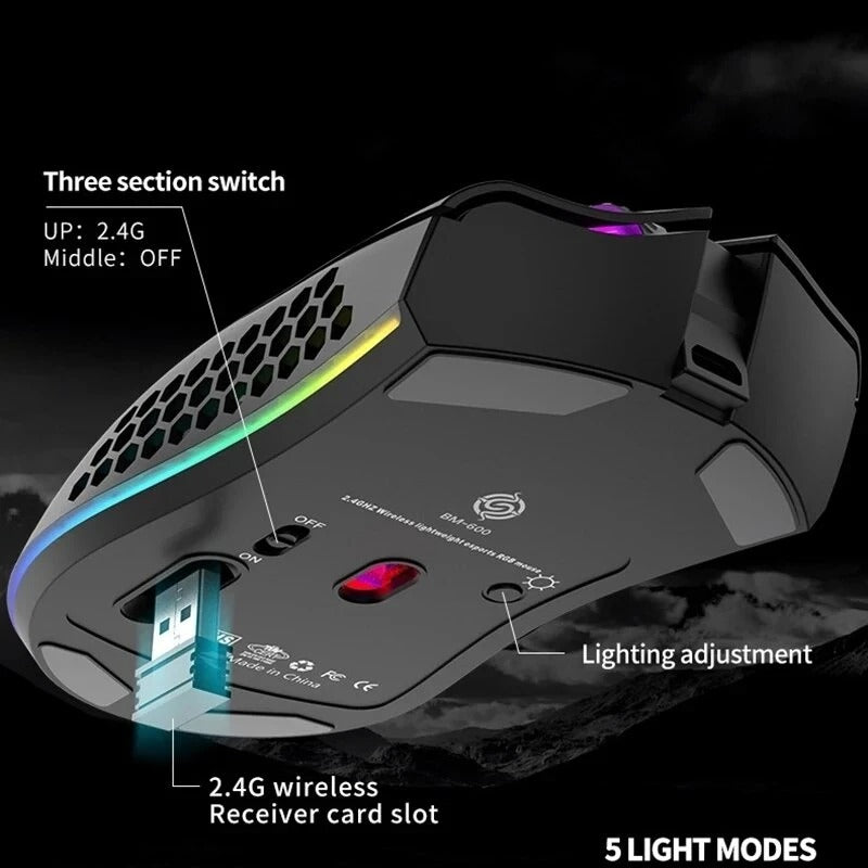BM600 Wireless RGB Gaming Mouse — Rechargeable, Honeycomb Design