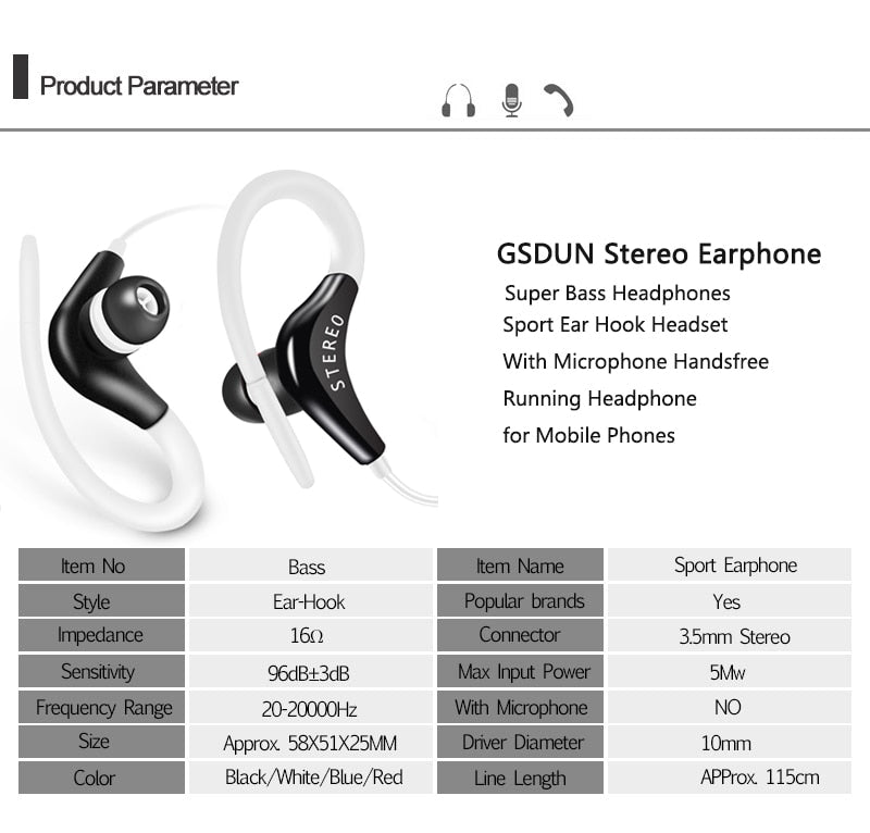 Universal Sports In-Ear Headphones with Mic — Ear Hook, 3.5mm