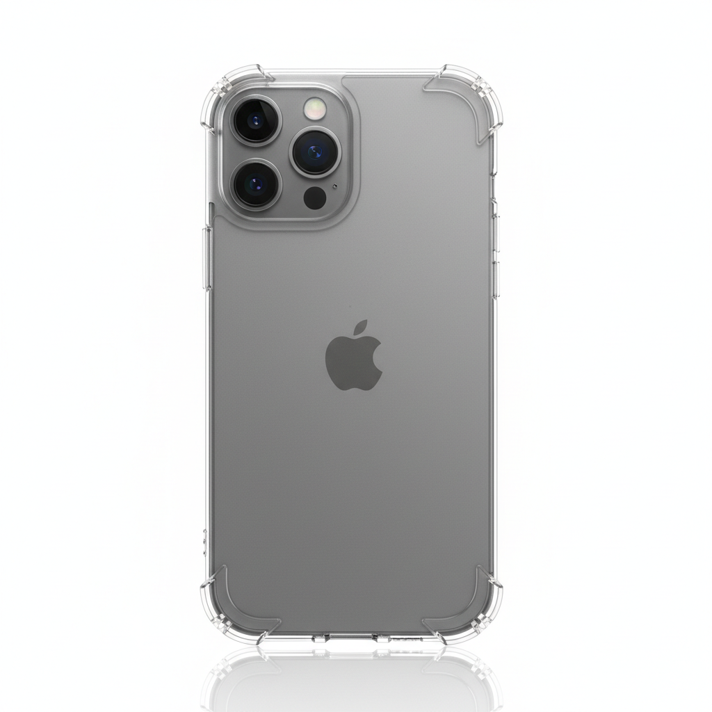 Premium transparent TPU iPhone case with shockproof airbag corners on white background