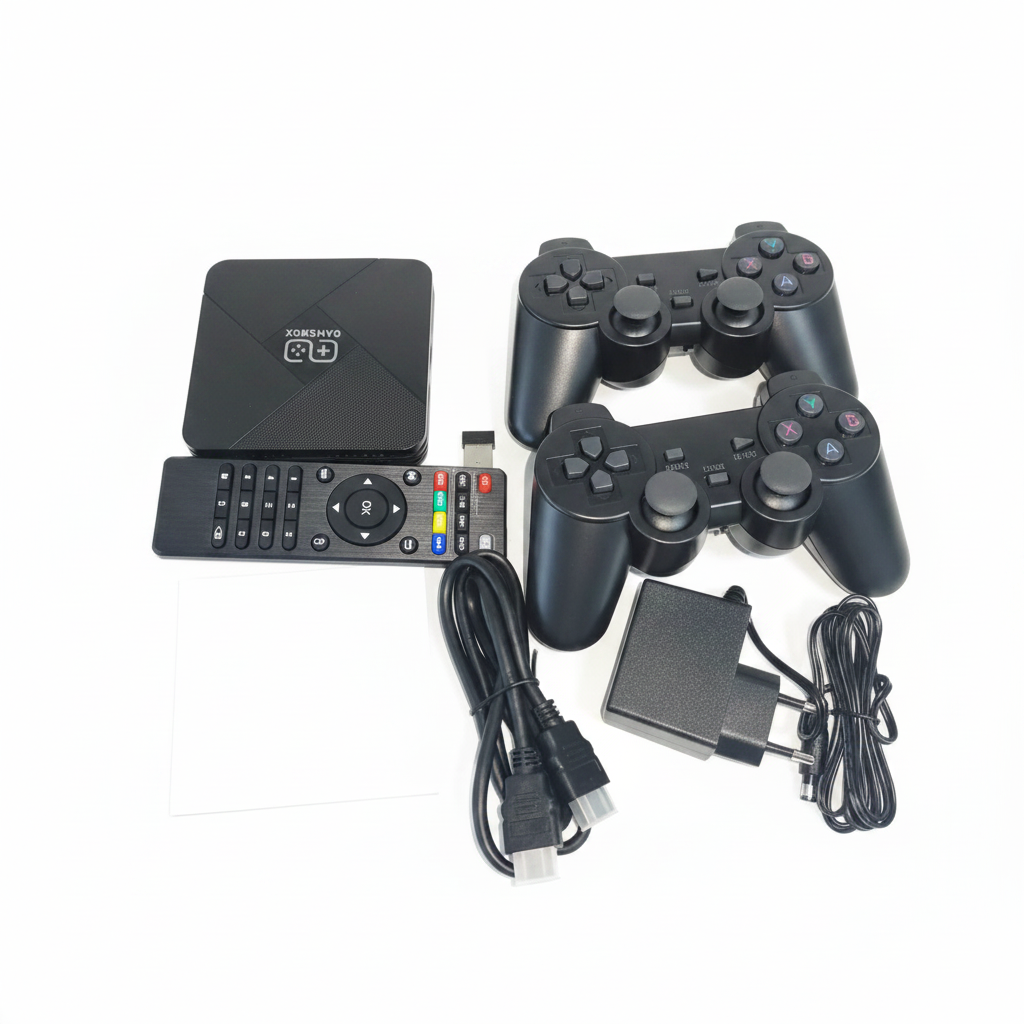 G5 Game Console bundle with wireless controllers, cables and accessories on white background